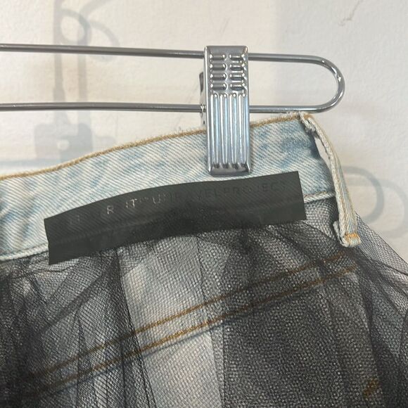 UNRAVEL PROJECT black ruffle tulle overlay blue inside out denim skirt 25" - Picture 4 of 9